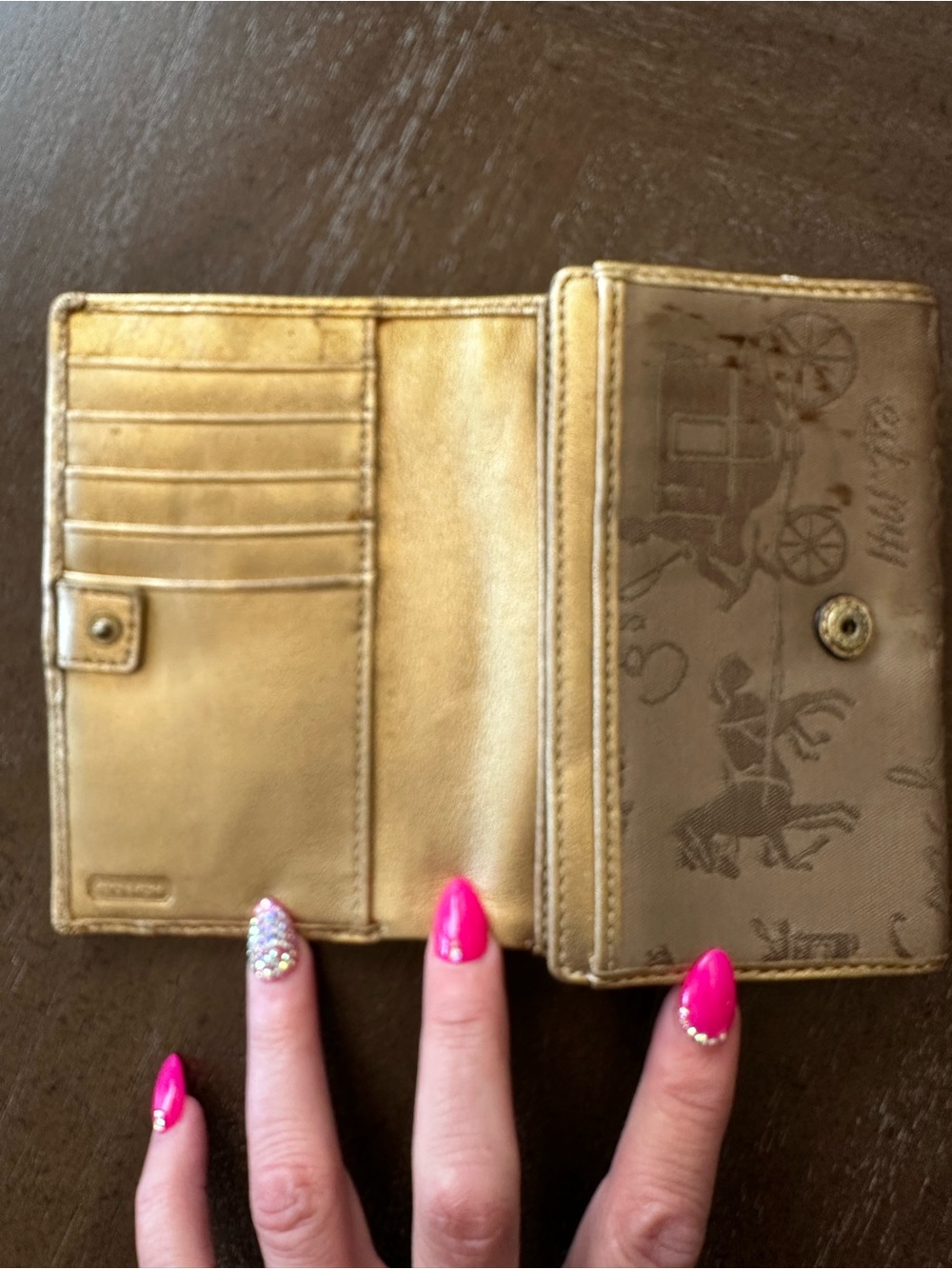 Coach Horse and Carriage fabric and metallic gold leather trim trifold wallet - Picture 9 of 16